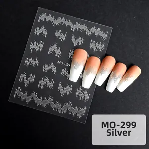 Detailed view of silver 3D wavy metal lines nail art sticker MO-299 on gradient base