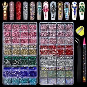 Nail Art Rhinestones Multi Grid Flatback Multi Shape Glass Crystal Decorations With Tweezers And Dotting Pen