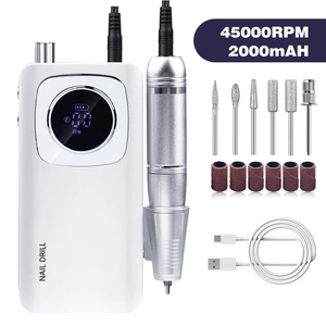 Detail view of 45000RPM portable nail drill kit with digital LED screen and metal handpiece