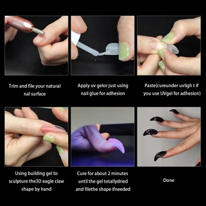 Detailed six-step guide for applying 3D eagle claw nail extension gel with UV lamp