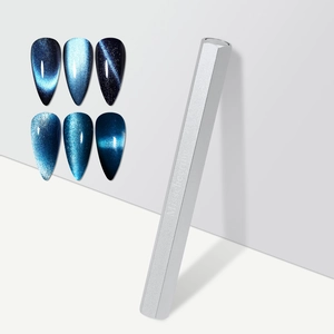 Silver hexagonal cat eye nail magnet tool with six blue gradient magnetic nail tips