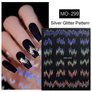 Holographic laser nail art stickers with wave patterns and silver metallic lines