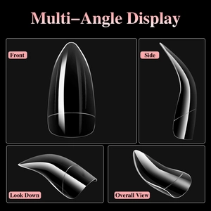 Multi-angle display of transparent stiletto press-on nails from front and side views