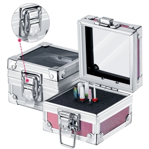 Aluminum nail drill bit organizer box with transparent window and pink glitter side panels