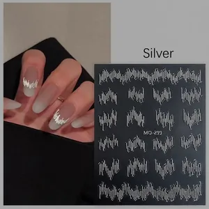 Silver reflective line nail stickers with 3D embossed wave patterns for nail art design