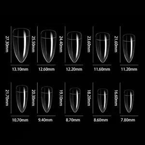 Size chart showing 10 sizes of clear almond stiletto press-on nail tips for professional art
