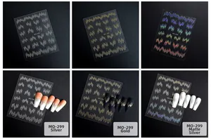 Macro view of metallic wave line nail stickers in gold and silver for manicures