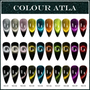 9D magnetic cat eye nail powder swatches in ten colors with three light effects