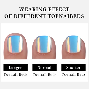 Comparaison de faux ongles de pieds bleu holographique sur trois longueurs d'ongles