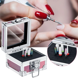 Pink suitcase nail drill bit storage box with silver frame and transparent window