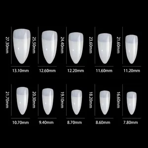 Size chart showing eagle claw nail tips with detailed length and width dimensions