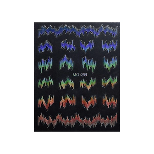 Holographic laser nail art stickers with colorful wave patterns on dark background