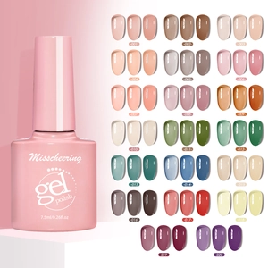 Detailed color chart of 20 sheer nude gel polish shades in 7.5ml pink bottles