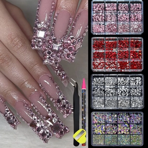 Detail view of 12-grid nail art rhinestones set with tweezers and dotting pen tools