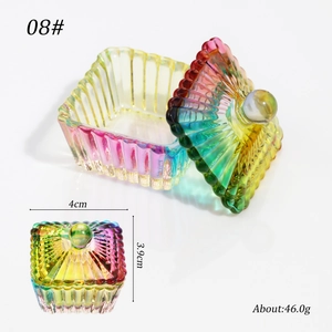 Detailed macro view of iridescent glass nail art dish with lid and size dimensions