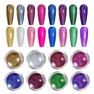 Macro detail of 8-color laser nail powder set with glossy chrome finish swatch plates
