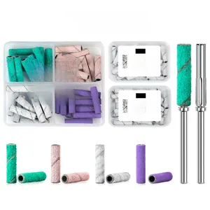 Detail view of long mini nail sanding bands with stainless steel mandrels and storage case