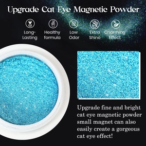 Macro detail of high-shine 9D magnetic cat eye nail powder in shimmering blue finish