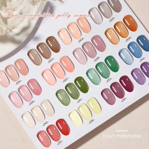 Detail display of translucent nude jelly nail polish color palette for salon professional use