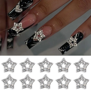 Set of 10 silver hollow star nail charms with sparkling crystals for DIY manicure art