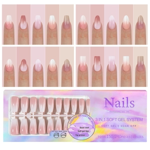 3-in-1 Soft Gel Nail Tips Set with 15 sizes of gradient pink press-on nails