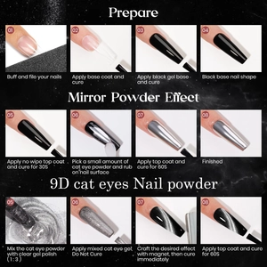 9D magnetic cat eye nail powder and mirror powder kit with application steps