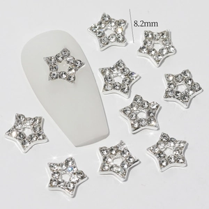 Detail of 8.2mm silver hollow star nail charms with sparkling rhinestones and measurements