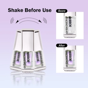 Macro view of purple liquid mirror chrome nail powder showing shake before use effect