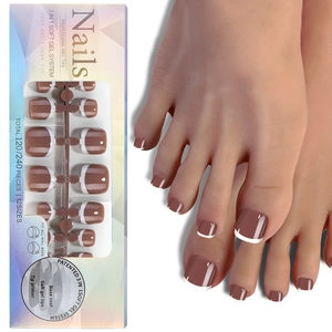 Kit de faux ongles pieds mats marron et blanc, 12 tailles avec système de gel souple 3-en-1