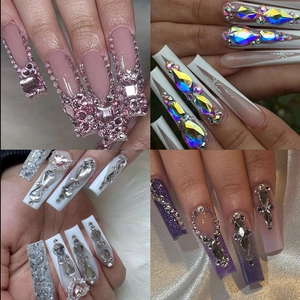 Assorted luxury long press-on nails set with 3D crystals and glitter decoration