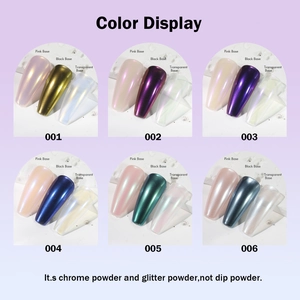 Metallic chrome nail powder kit with 6 colors showing effects on different base coats