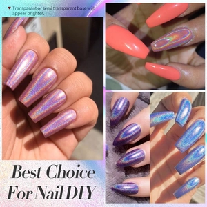 Holographic laser nail powder showing shimmering effects on diverse base color nails