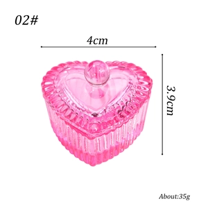 Pink heart-shaped glass jar with lid and vertical stripes, measuring 4cm wide and 3.9cm high