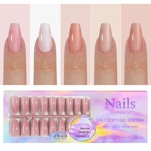 Detail of 3-in-1 soft gel nail tips in various nude pink shades with 15 size specifications