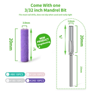 Nail drill bit set with stainless steel mandrel and 40 purple sanding bands in 4 grits