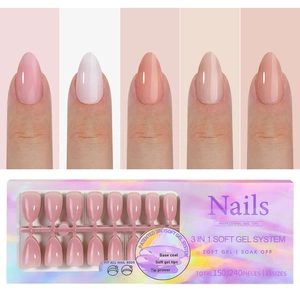 Detail of 3-in-1 soft gel nail kit in nude shades with assorted glossy finish sizes