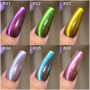 Six vibrant cat-eye nail polish shades from blue to purple with shimmering magnetic lines