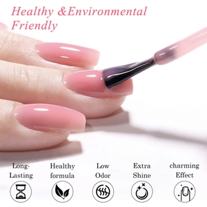 Macro shot of translucent jelly pink nail polish with brush, high gloss finish detail