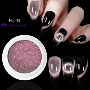 Macro detail of No.03 9D cat eye nail powder showing stiletto tips and metallic texture