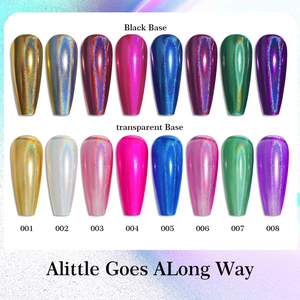 Holographic laser nail powder set showing 8 colors on black and transparent bases