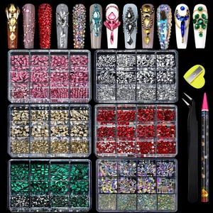 Nail art rhinestone set with 12-grid boxes, tweezers, dotting pen and assorted crystal shapes