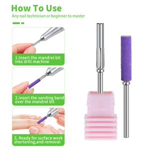Macro detail of stainless steel nail drill mandrel and purple sanding band attachment