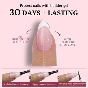 Detail of durable French manicure builder gel showing application steps and high gloss finish