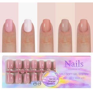 Macro detail of 3-in-1 soft gel nail kit in nude tones with 15 sizes and 240 pieces