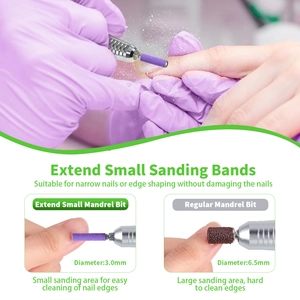 Macro detail of 3.0mm small sanding bands and steel mandrel for precision manicure work
