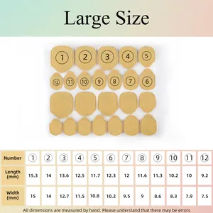 Size chart showing dimensions for waterproof double-sided adhesive jelly nail glue tabs