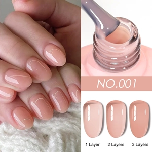 Translucent nude pink nail gel polish showing color effects of one to three layers