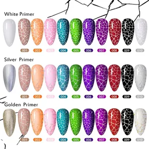 Nail art crackle gel polish color chart showing 10 vibrant shades on various base colors