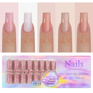 Detail of 3-in-1 soft gel nail tips in five natural skin tones with laser packaging