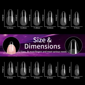 Size chart showing 12 dimensions of thin transparent almond false nail extensions